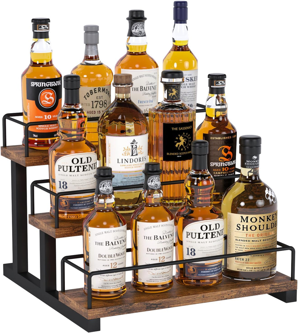 Aduanbang Liquor Bottle Display Shelf, 3 Step Countertop Organizer, Retro Bar Stand for Whiskey, Wine, Spirits (Brown)