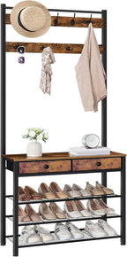 HOOBRO Hall Tree, Entryway Coat and Shoe Rack, 2 Fabric Drawers, Hall Tree with Bench, Shoe and Coat Rack, Coat Rack with Shoe Storage, 4 Tier Shoe Organizer, 9 Hooks, Rustic Brown and Black BF81MT01