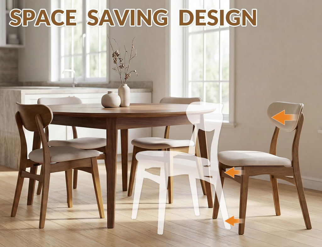 Wooden Dining Chairs Set of 2 - Farmhouse Fabric Upholstered Kitchen Chairs with Curved Back, Solid Wood Mid-Century Modern Side Chair for Dining Room, Beige & Walnut