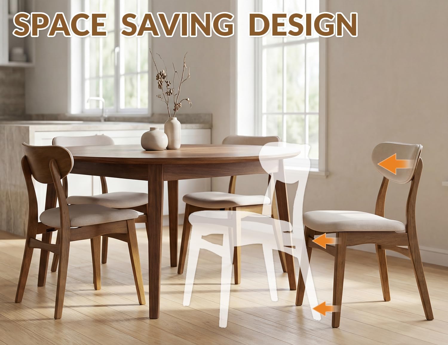 Wooden Dining Chairs Set of 2 - Farmhouse Fabric Upholstered Kitchen Chairs with Curved Back, Solid Wood Mid-Century Modern Side Chair for Dining Room, Beige & Walnut