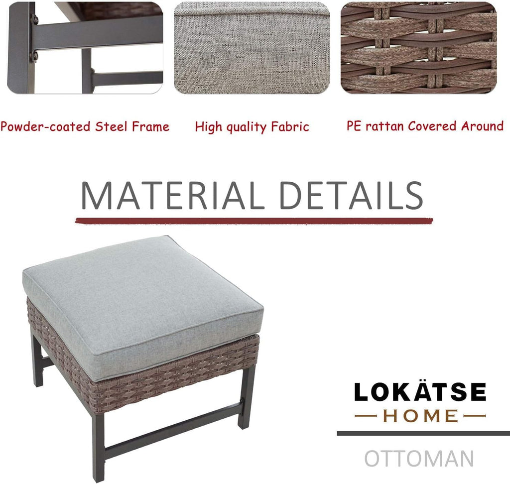 LOKATSE HOME Outdoor Patio Bistro Furniture Ottoman Footstool Rest with Premium Fabric Soft Removable Cushion and Wicker Rattan with Slatted Steel for Garden Yard Lawn Poolside, Grey