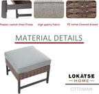 LOKATSE HOME Outdoor Patio Bistro Furniture Ottoman Footstool Rest with Premium Fabric Soft Removable Cushion and Wicker Rattan with Slatted Steel for Garden Yard Lawn Poolside, Grey