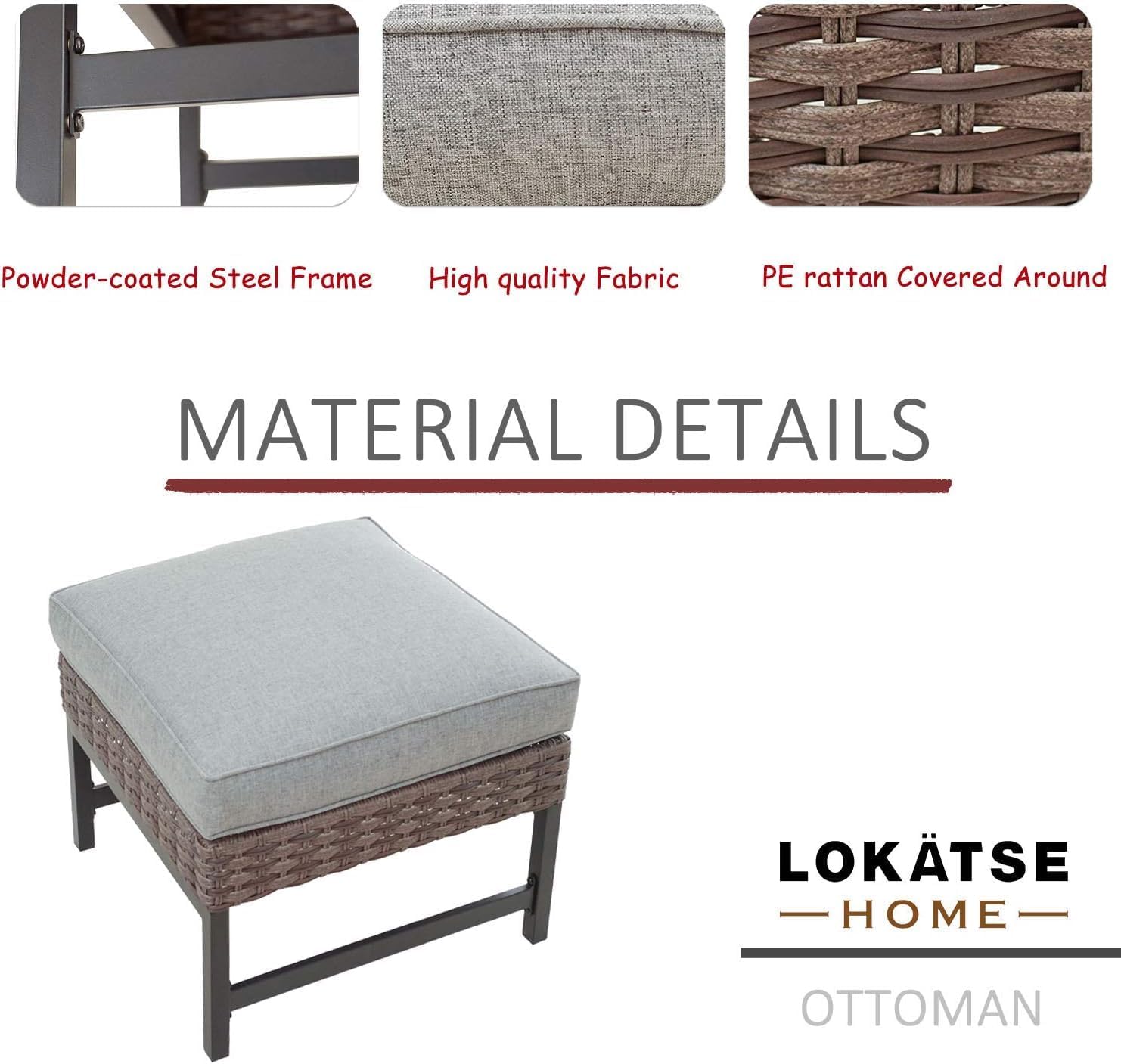 LOKATSE HOME Outdoor Patio Bistro Furniture Ottoman Footstool Rest with Premium Fabric Soft Removable Cushion and Wicker Rattan with Slatted Steel for Garden Yard Lawn Poolside, Grey
