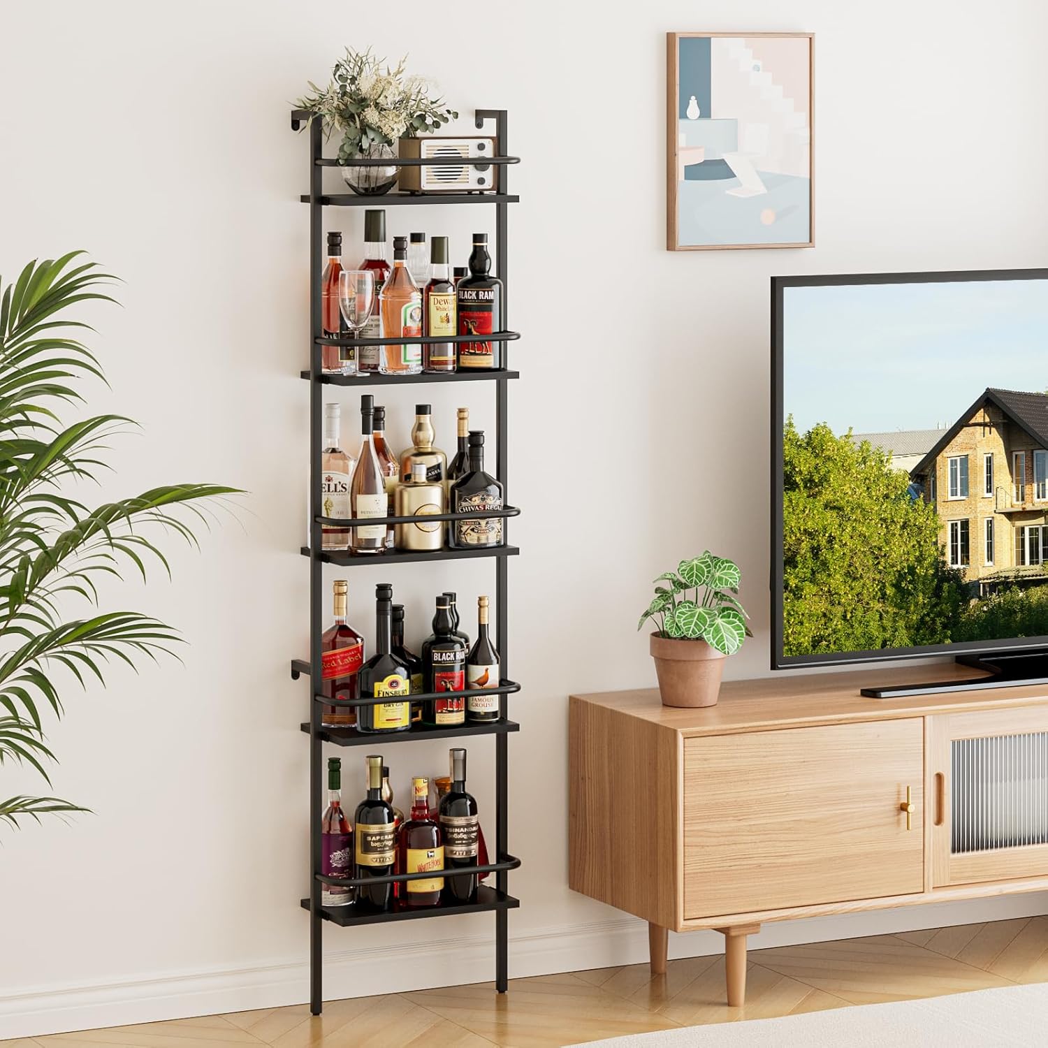 5-Tier Wine Rack Wall Mounted, Wine Racks Freestanding Floor with Fences, 50 Bottles Wine Bottle Holder Liquor Cabinet Bar Shelves for Home, Kitchen, Dining Room (Black)