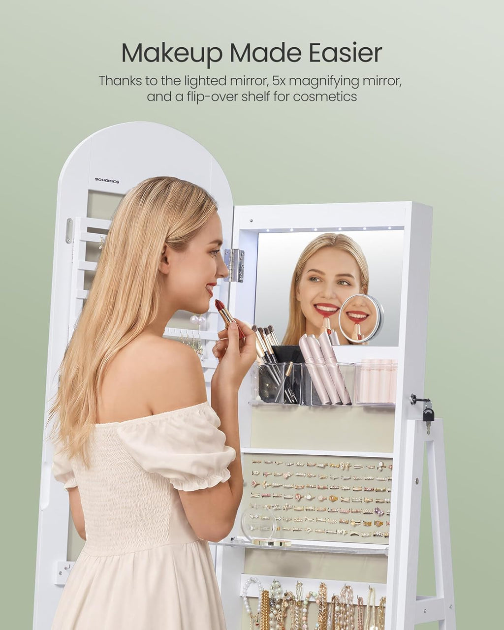 SONGMICS 360° Swivel Jewelry Cabinet, Full-Length Arched Mirror with LED Lights, Magnifying Mirror, Storage Shelves, Drawer, Cloud White UJJC030WB01