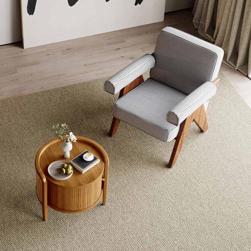 POVISON Rattan Side Table, Table with Roller Door & Woven Rattan, 19.69" Round End Table with Storage, Nightstand Beside Table Drink Table Sofa Table for Home,Walunt