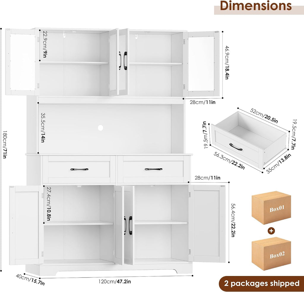 BOTLOG Pantry Storage Cabinet with Microwave Stand, 71" Tall Kitchen Hutch, Large White Pantry Cabinet with Glass Doors for Dining Room