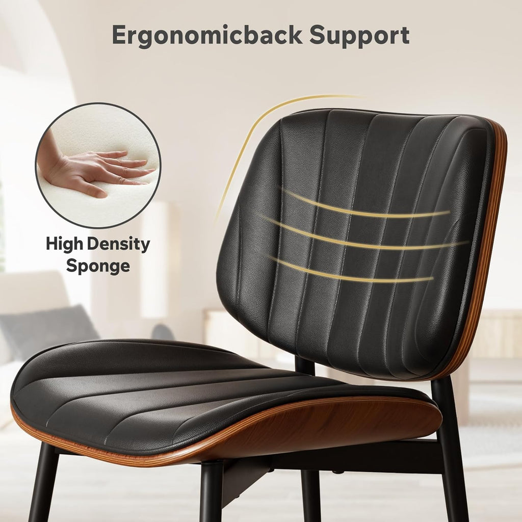 Dining Chairs Set of 4, Mid Century Modern Dining Room Chairs, Upholstered Faux Leather Kitchen Chairs with Walnut Bentwood Back and Metal Legs for Kitchen Dining Room Living Room, PU Black