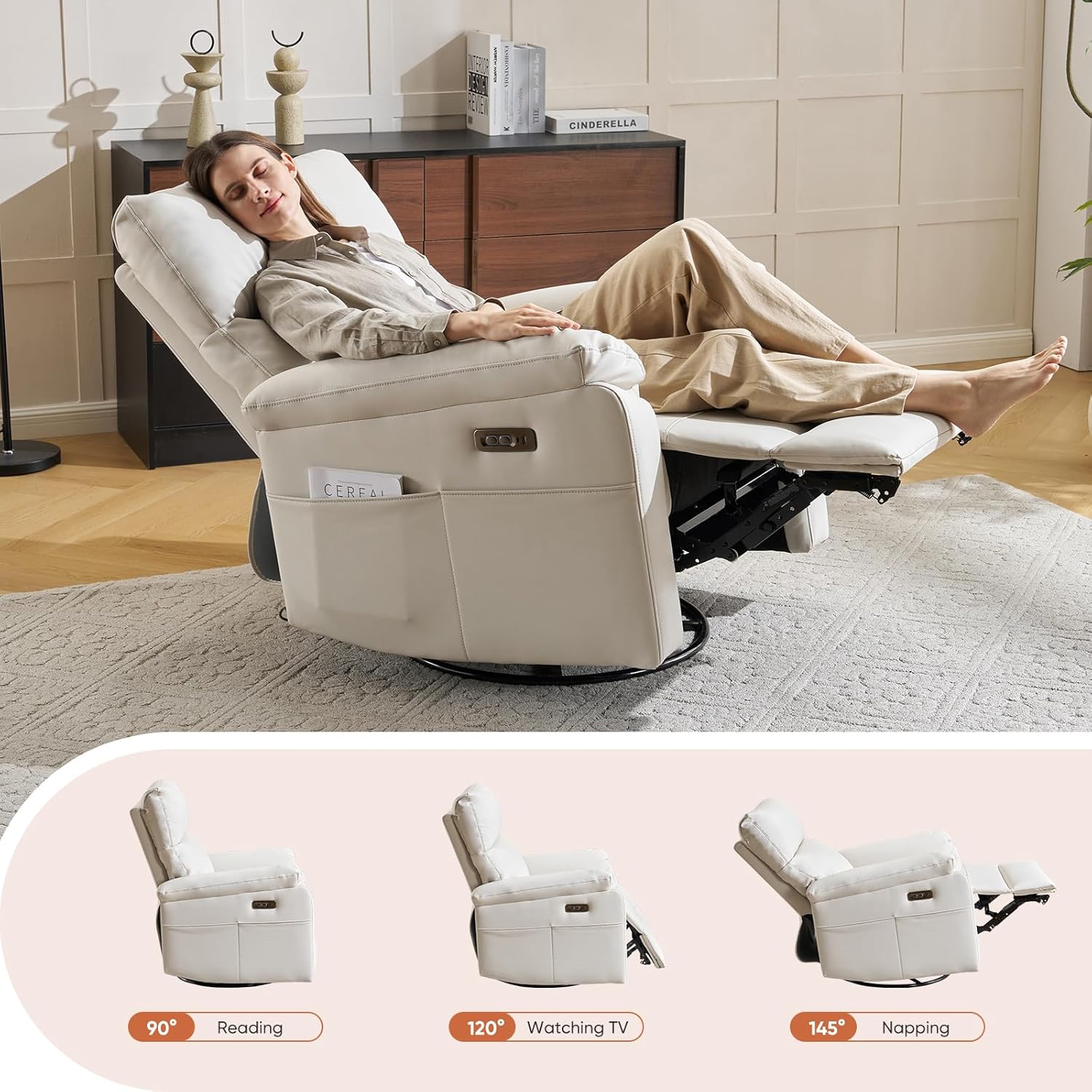 Power Rocking Chair Nursery with Adjustable Lumbar Support,Swivel Rocker Recliner with Overstuffed Armrests, Nursery Glider Recliner for Bedroom & Livingroom, USB & Type-C, Faux Leather Beige