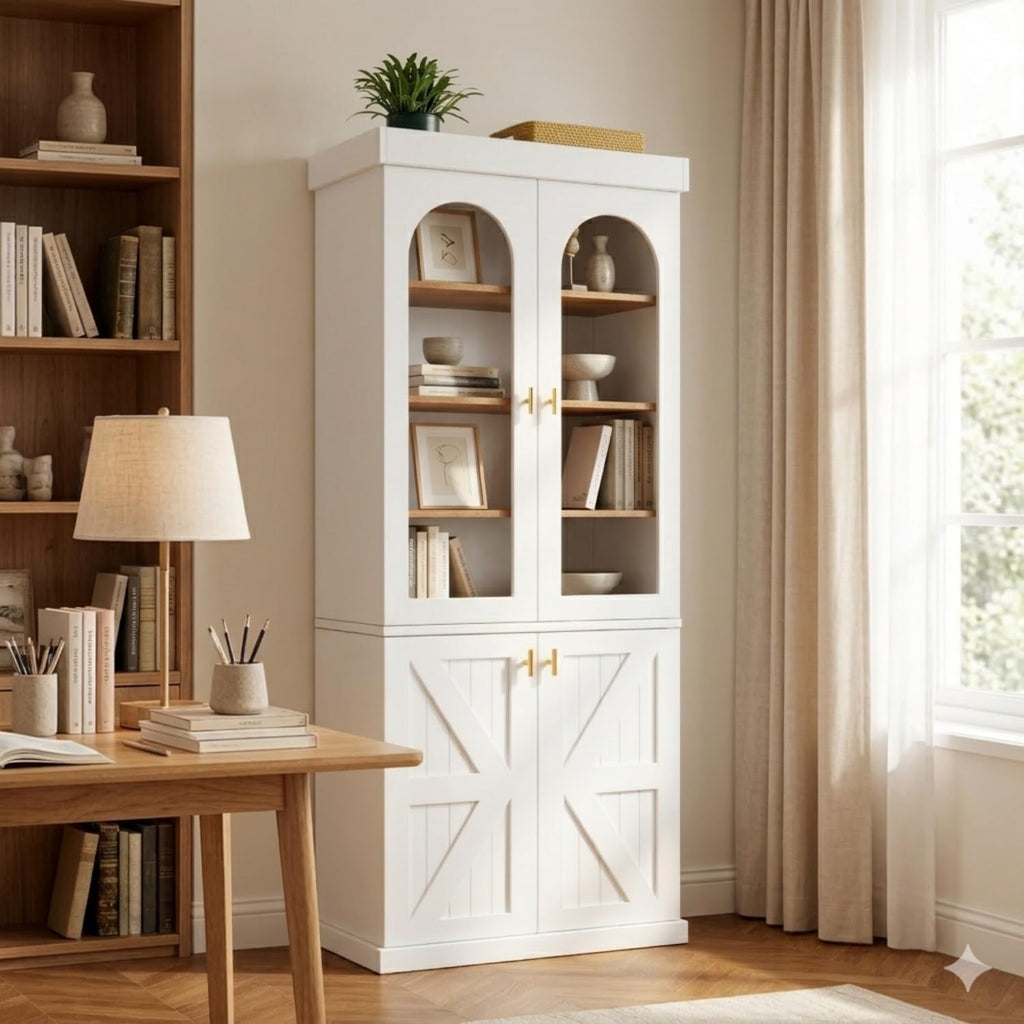 Farmhouse Kitchen Pantry Cabinet Set of 3, 71-Inch Tall Wood Hutch with Glass Doors, Adjustable Shelves & Large Storage, Versatile Cabinet for Dining Room, Living Room, White