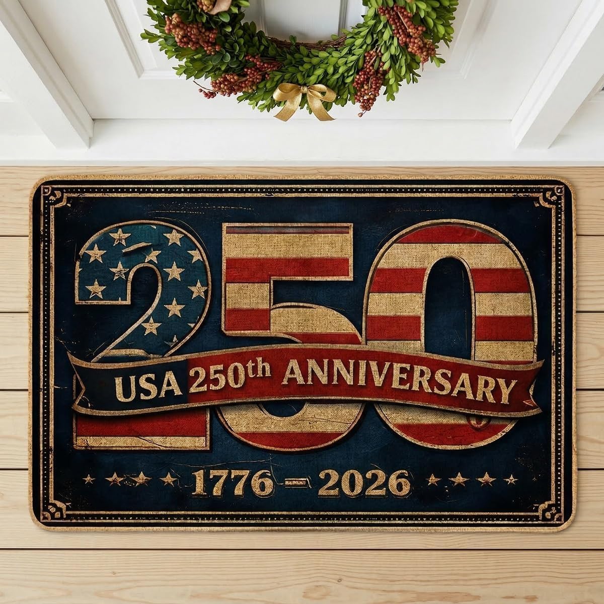 250 Years Anniversary USA Doormats, Patriotic Vintage USA 250th Door Mat for Floor House Office Inside Outside Entrance Decor (001, 28"X17")