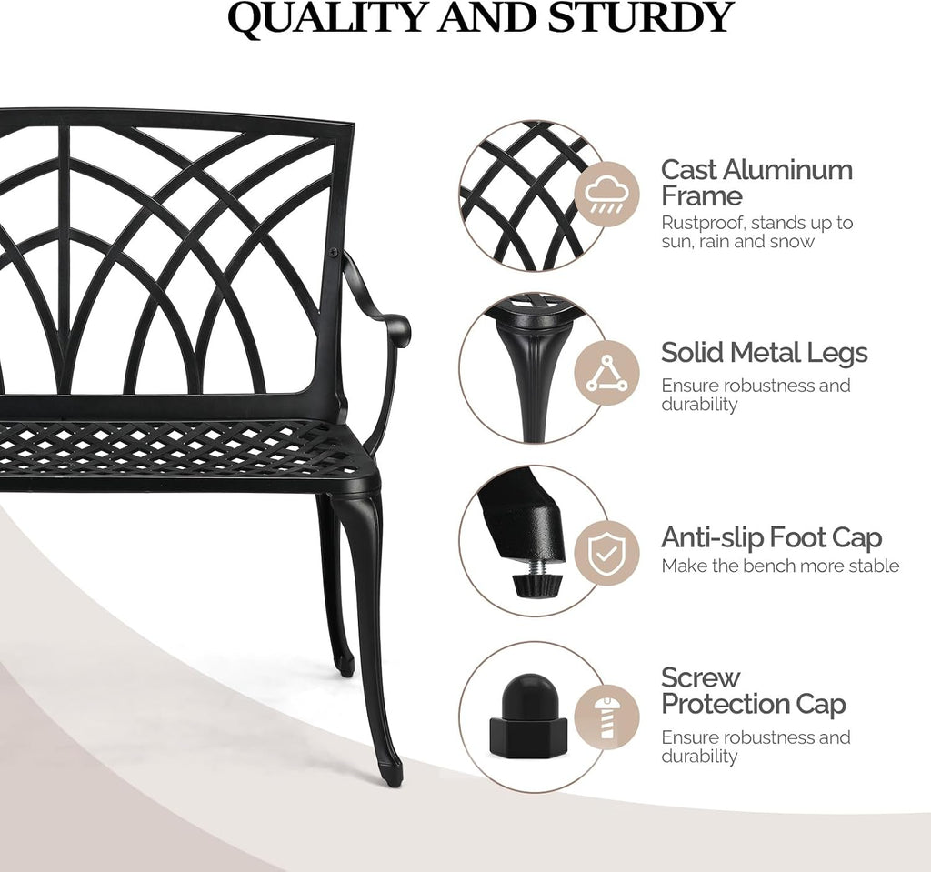 Bonnlo 38" Outdoor Bench, Aluminum Garden Bench with Orchid Patten, Anti-Slip Entryway Bench 1-2 Person Seat for Patio, Lawn, Backyard (Black)