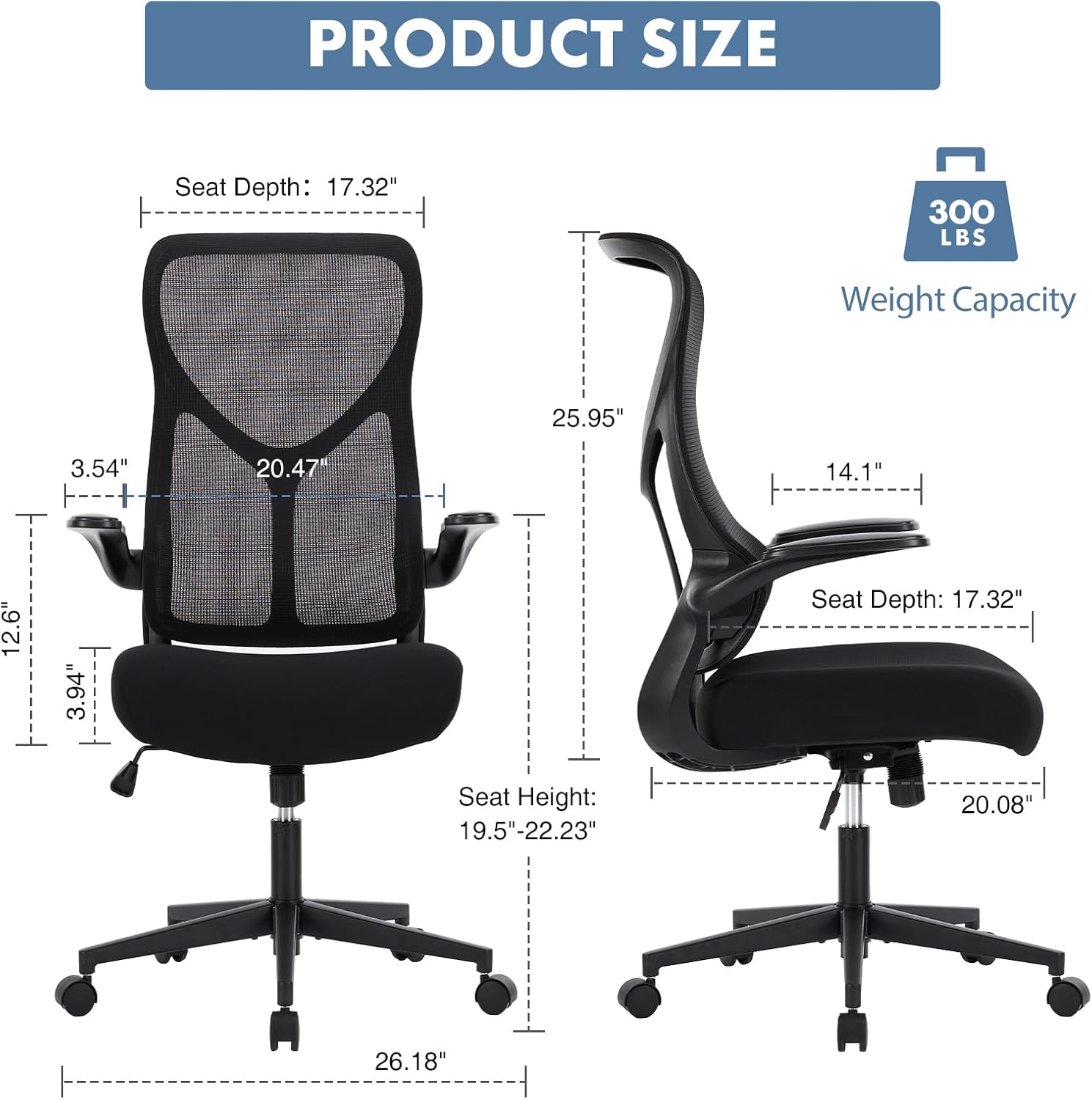 DUMOS Office Managerial Executive Chair with Ergonomic Design, High Back Mesh Computer Desk Chair with Flip-up Armrests, Adjustable Height Swivel Task with Wheels, Comfy Lumbar Support, Black
