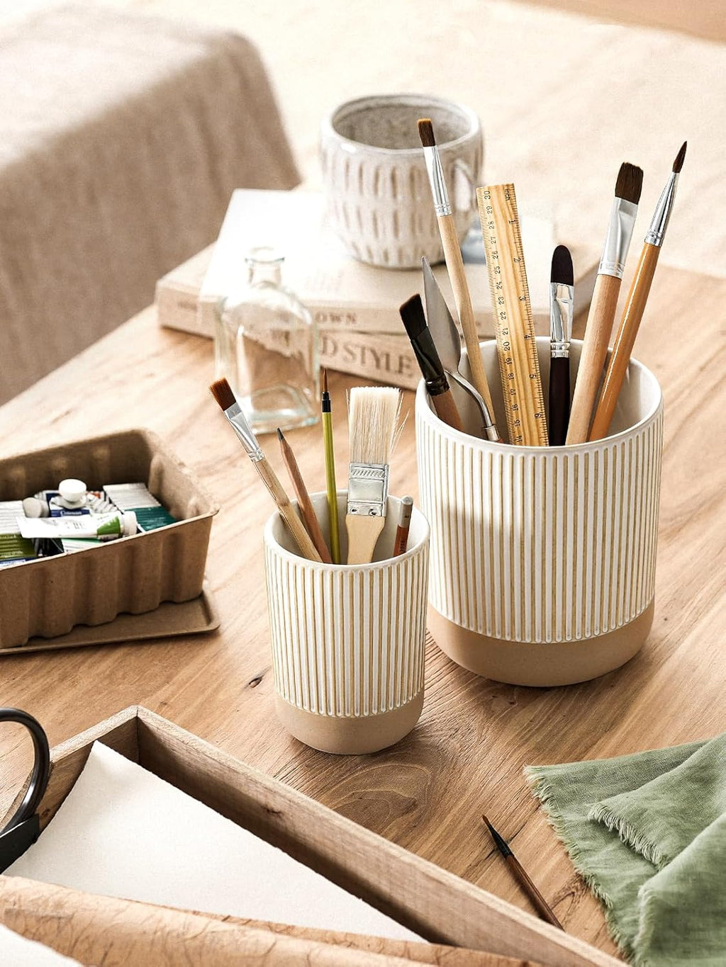 LE TAUCI Ceramic Kitchen Utensil Holder Set of 2 - 6.9"+5.3" Large Cooking Utensil Crock & Organizer for Spatula, Spoon, Whisk - Farmhouse Countertop Storage, Cream Beige, Line