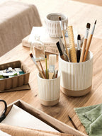LE TAUCI Ceramic Kitchen Utensil Holder Set of 2 - 6.9"+5.3" Large Cooking Utensil Crock & Organizer for Spatula, Spoon, Whisk - Farmhouse Countertop Storage, Cream Beige, Line