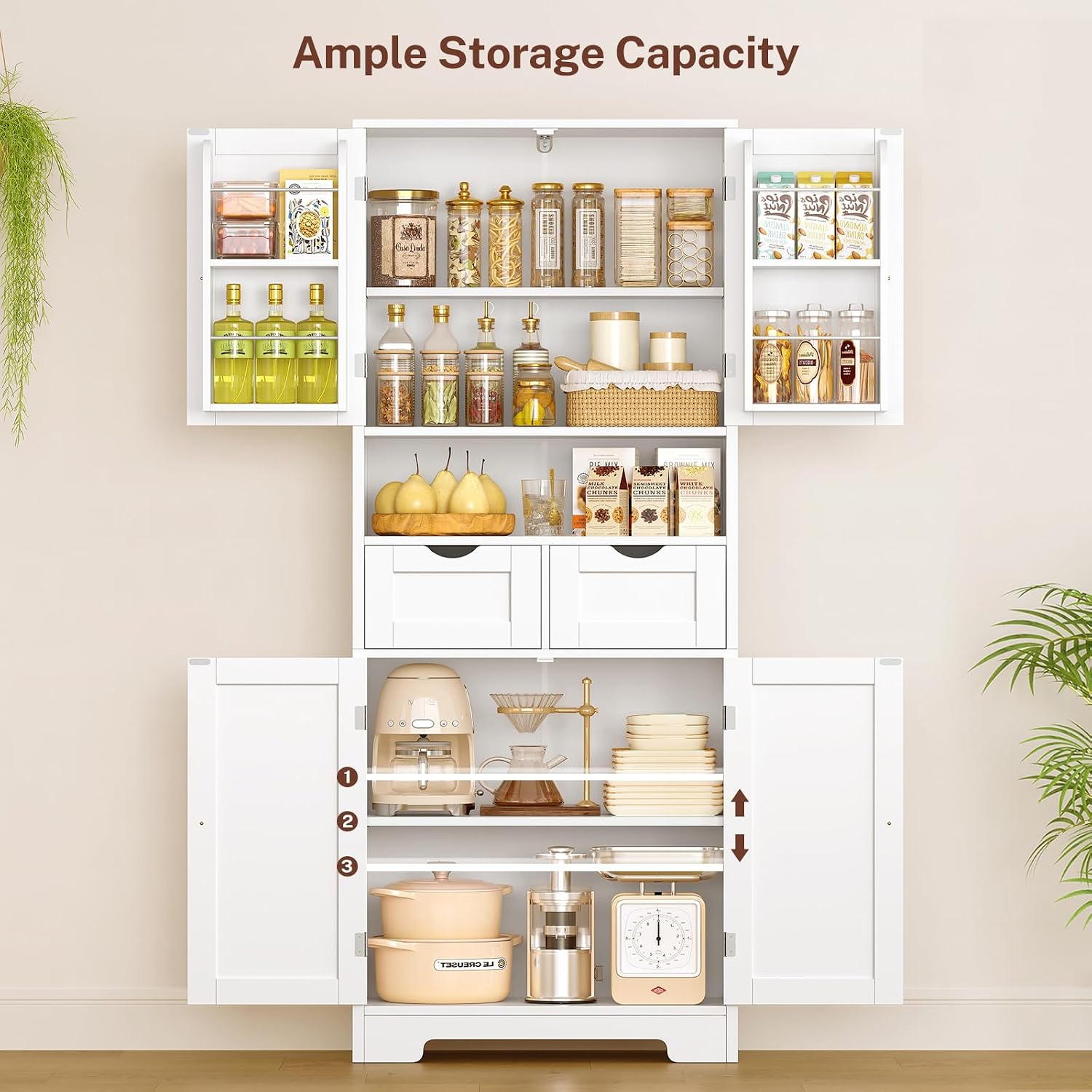 TEENFON Kitchen Pantry Cabinet with Adjustable Shelf, Tall Storage Cabinet with 2 Drawers & 4 Door Shelves, Food Pantry Cabinets, for Kitchen, Dining Room, Living Room, White