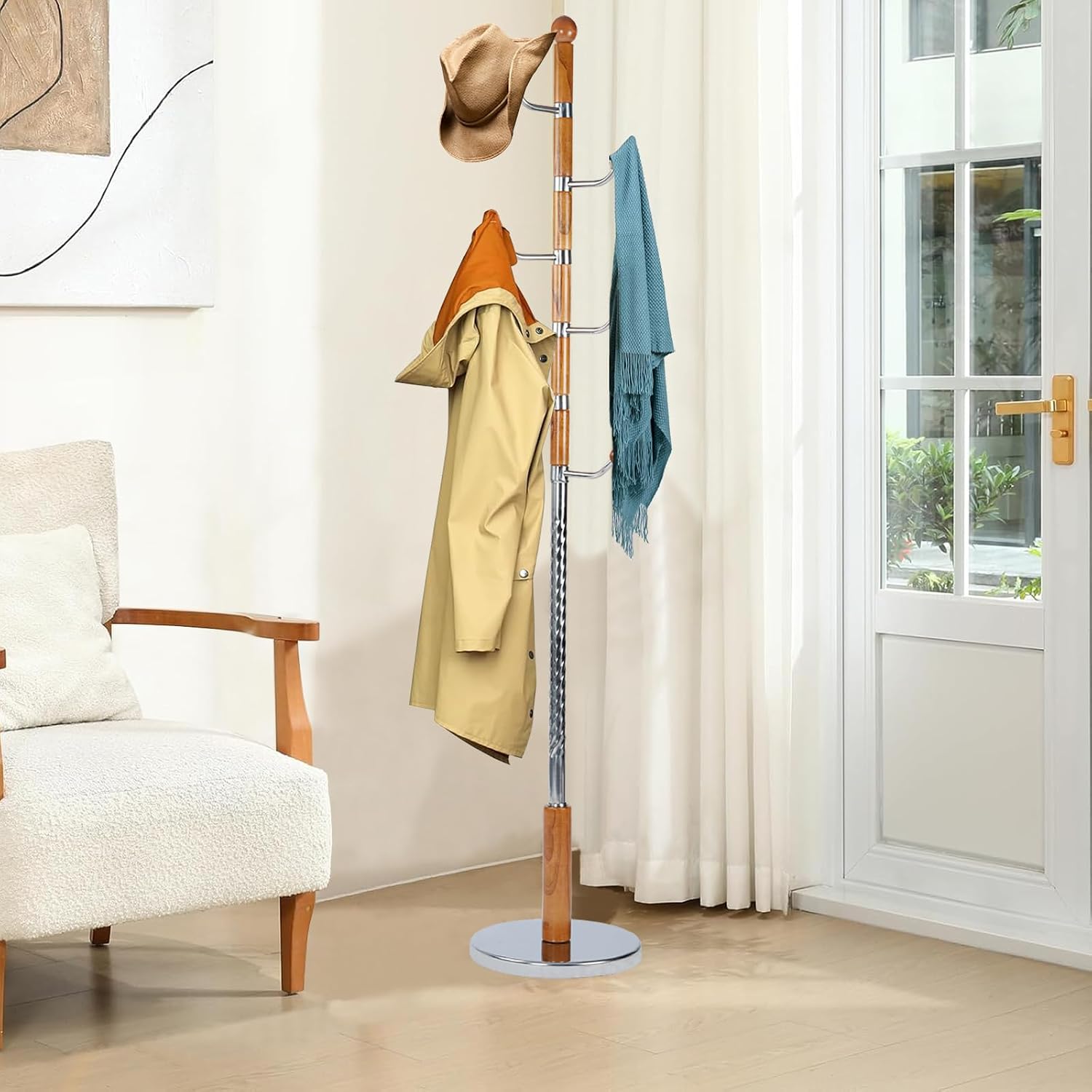 Wood Coat Rack Freestanding, Natural Coats Tree Stand with 14 Hooks, 73" Sturdy and Easy Assembly Coat Rack Stand for Entryway, Hallway, Bedroom, Bags, Hats (Metal Disc Base, Walnut Swivel Hook)