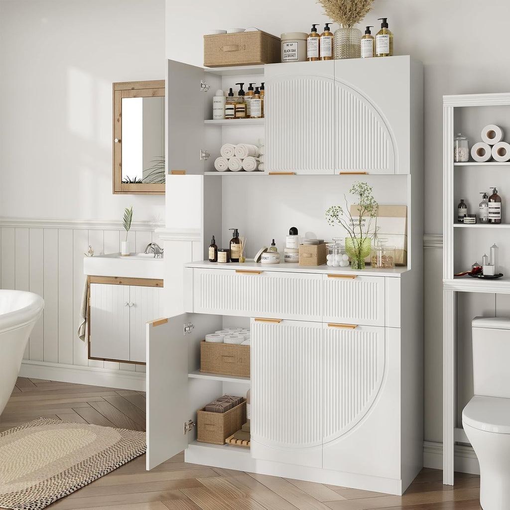 71" Kitchen Pantry Cabinet with Build-in Charging Station, White Modern Kitchen Cabinet Hutch with Drawers & Microwave Stand, Pantry Buffet with Countertop for Dining Room, White