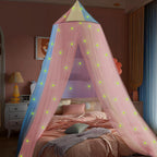 Princess Rainbow Bed Canopy for Girls with Glow-in-the-Dark Stars, Colorful Canopy Net Fits Most Single, Twin, Full and Queen Size Bed, Bedroom Accessories