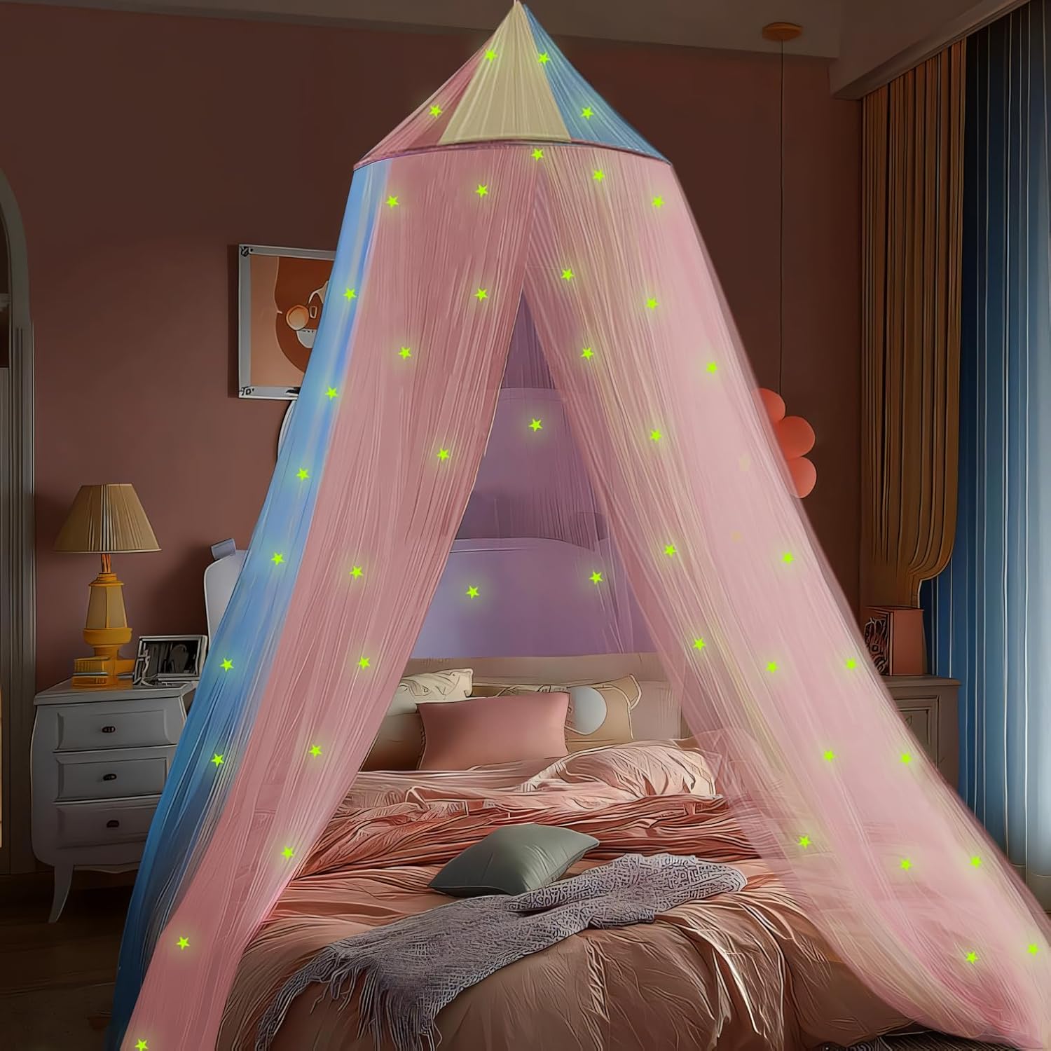 Princess Rainbow Bed Canopy for Girls with Glow-in-the-Dark Stars, Colorful Canopy Net Fits Most Single, Twin, Full and Queen Size Bed, Bedroom Accessories