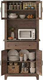 Garvee 72 in Tall Kitchen Pantry Cabinet, Kitchen Hutch Bar Cabinet with Microwave Stand, Cupboard with Drawers Glass Doors for Dining Room, Living Room, Brown