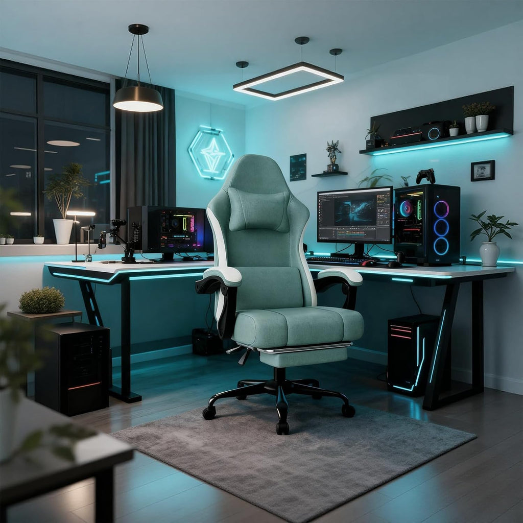 Gaming Chair, High Back Fabric Computer Chair with Pocketed Spring Cushion and Footrest, Height Adjustable Game Chair with Headrest and Lumbar Support (Beige & Blue)