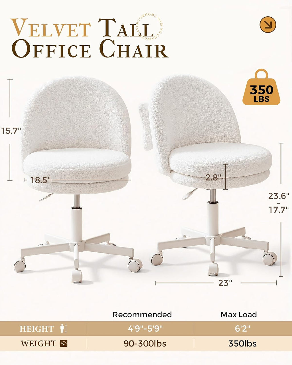 COMHOMA Vanity Chair with Wheels Velvet Tall Office Chair with Back,Armless Desk Chair Comfy Height Adjustable, Soft Lumbar Support for Girls Bedroom Home Vanity Bow Pillow for Gift,White