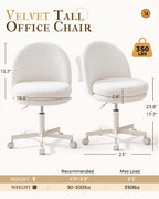 COMHOMA Vanity Chair with Wheels Velvet Tall Office Chair with Back,Armless Desk Chair Comfy Height Adjustable, Soft Lumbar Support for Girls Bedroom Home Vanity Bow Pillow for Gift,White