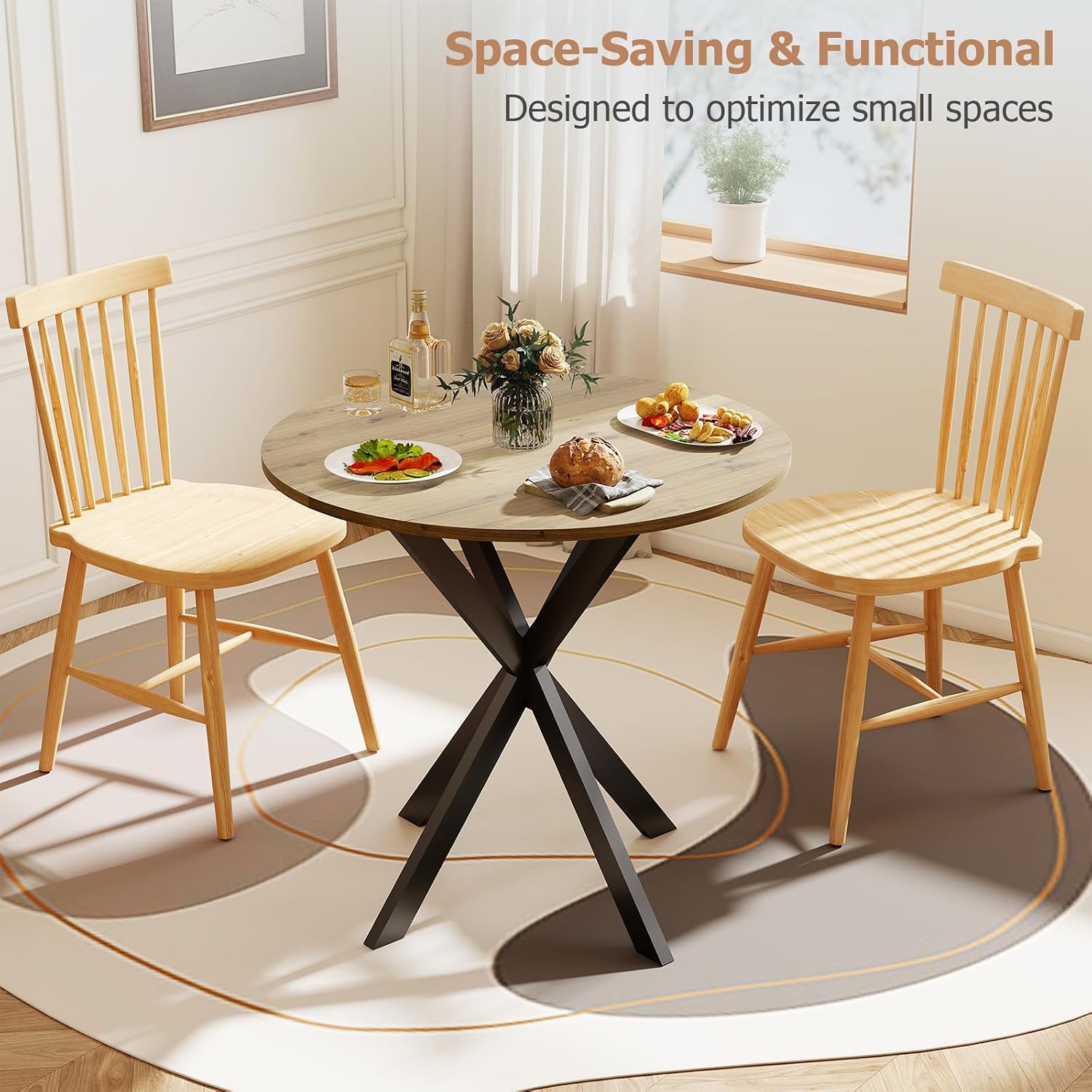 Zevemomo Round Dining Table, 31.5" Small Dining Table for 2-4, Round Kitchen Table with Metal Black Legs, Modern Round Dining Room Table for Kitchen, Apartment, Living Room, Brown