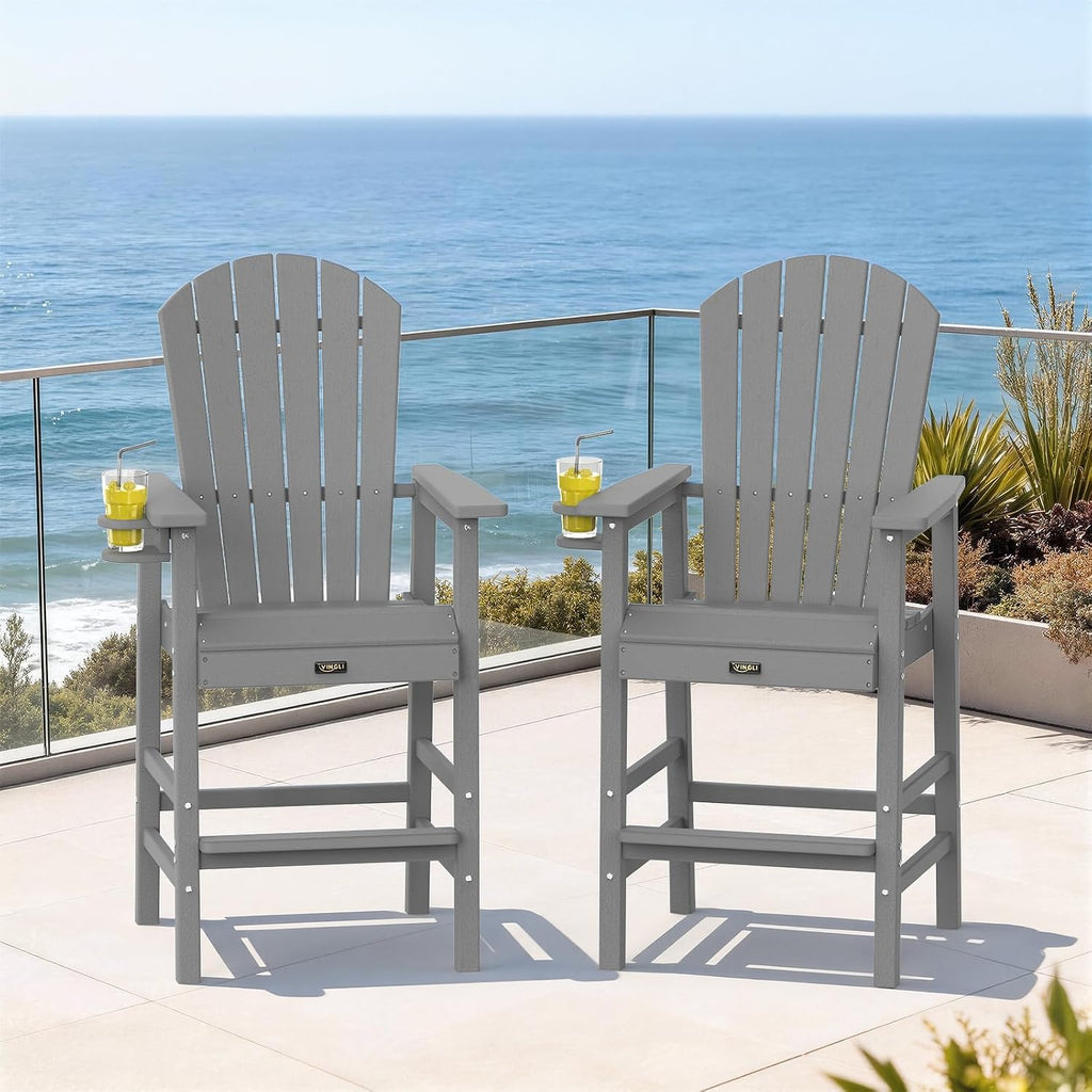 VINGLI Tall Adirondack Chair, All-Weather Plastic Adirondack Chair with Cup Holder Heavy-Duty Outdoor Barstools for Patio, Pool, Balcony,Backyard (Gray, 1 PCS)