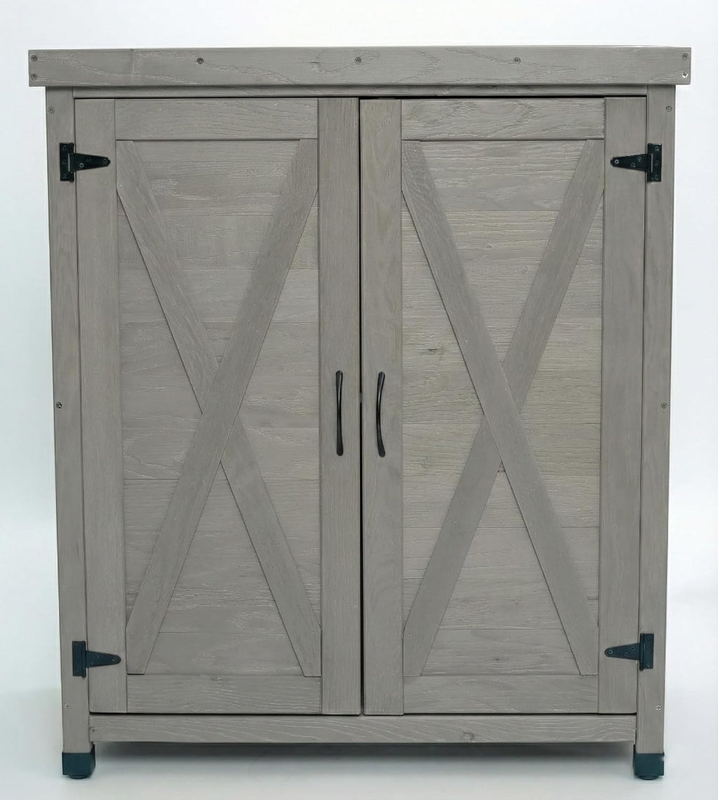 31" Weatherproof Small Storage Cabinet, Storage Cabinets with Hemlock Wood, Tool Cabinet with Magnetic Door for Patio & Garage, Gray