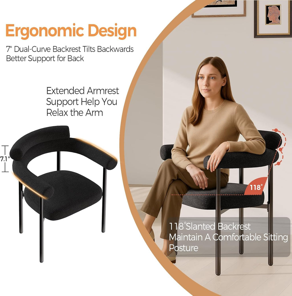 STHOUYN Modern Black Dining Chairs Set of 4 for Kitchen & Dining Room, Boucle Dining Chair with Arms, Barrel Dinner Chairs with Metal Legs & Curved Backres (4PCS, Black)