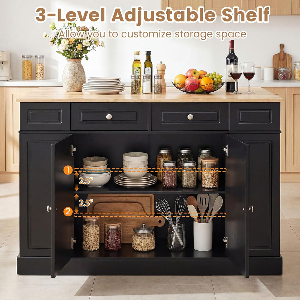 LOKO 48" Stationary Kitchen Island with Drop Leaf, Rubber Wood Top Butcher Block Island Table with 2 Drawers, Cabinet & Adjustable Shelf, Multipurpose Kitchen Cart for Dining Room, Living Room & Bar