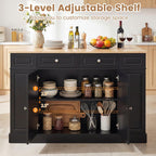 LOKO 48" Stationary Kitchen Island with Drop Leaf, Rubber Wood Top Butcher Block Island Table with 2 Drawers, Cabinet & Adjustable Shelf, Multipurpose Kitchen Cart for Dining Room, Living Room & Bar