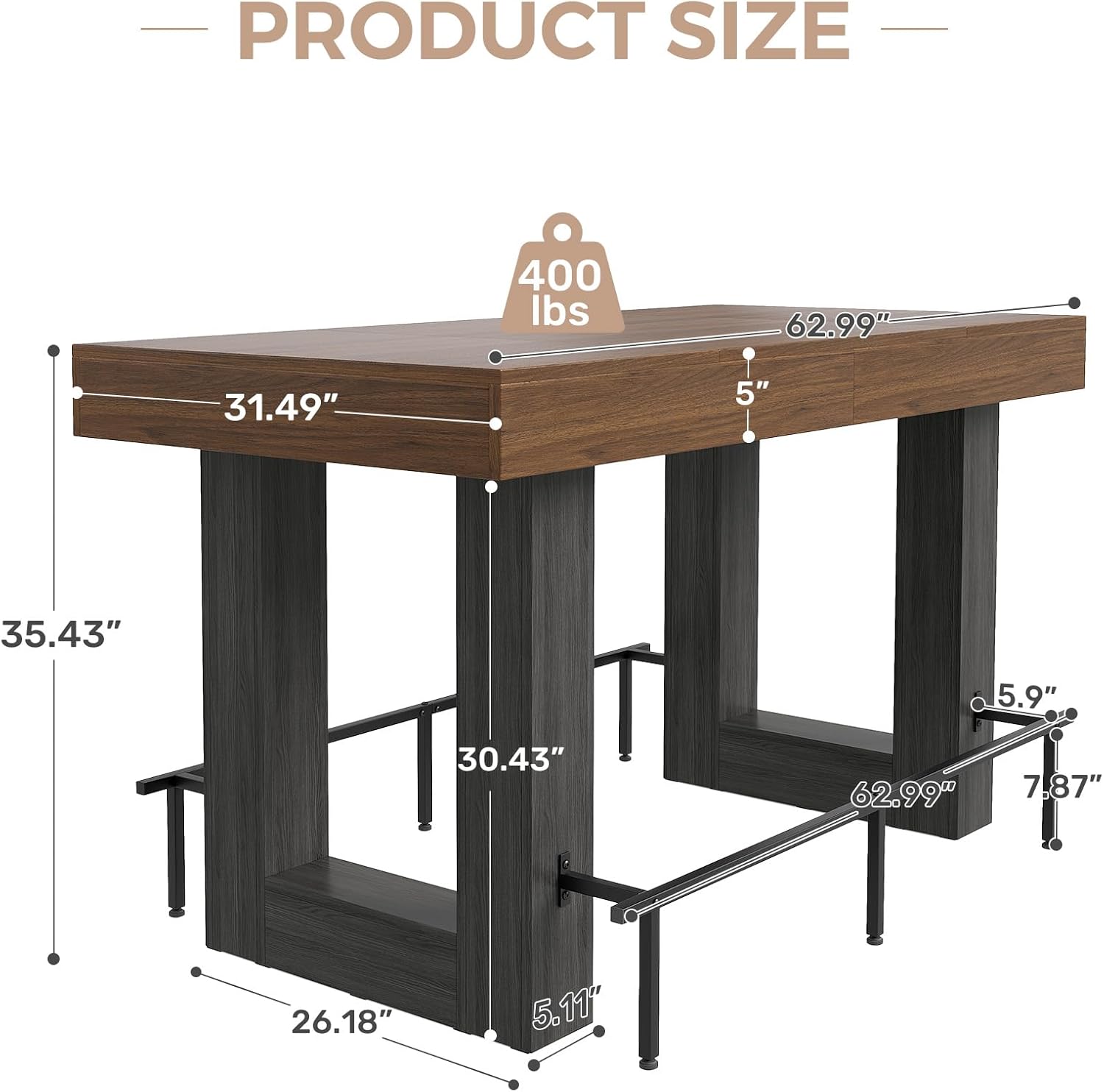 Miereirl 62.99 Inch Counter Height Table，Bar Counter Height Dining Table，Bar Table with Metal Footrest ，for Kitchen, Living Room, Bar， Seats 4-6 People, Brown&Black