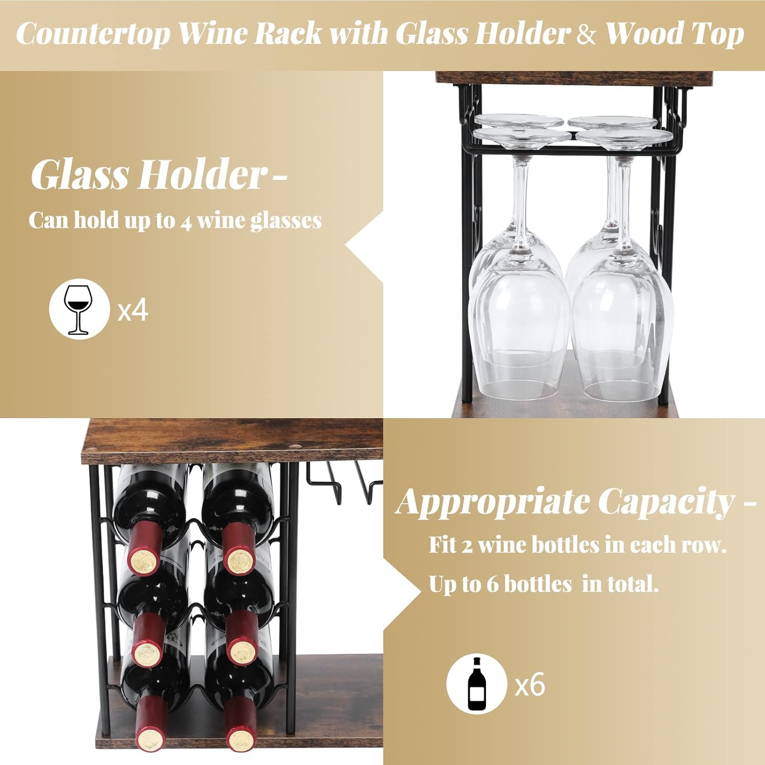 MOOACE Countertop Wine Rack, Wine Bottle Rack with Glass Holder | Freestanding, Holds 6 Bottles and 4 Glasses, For Home Bar Tabletop Kitchen Cabinet, Wood & Metal