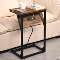 C-Shaped Side Table & End Table, Built-in Power Station (2 AC Outlets, 2 USB Ports) - Slide-in Design Sofa/Bedroom TV Tray, 15"x11"x23" Wood Top & Black Metal Frame