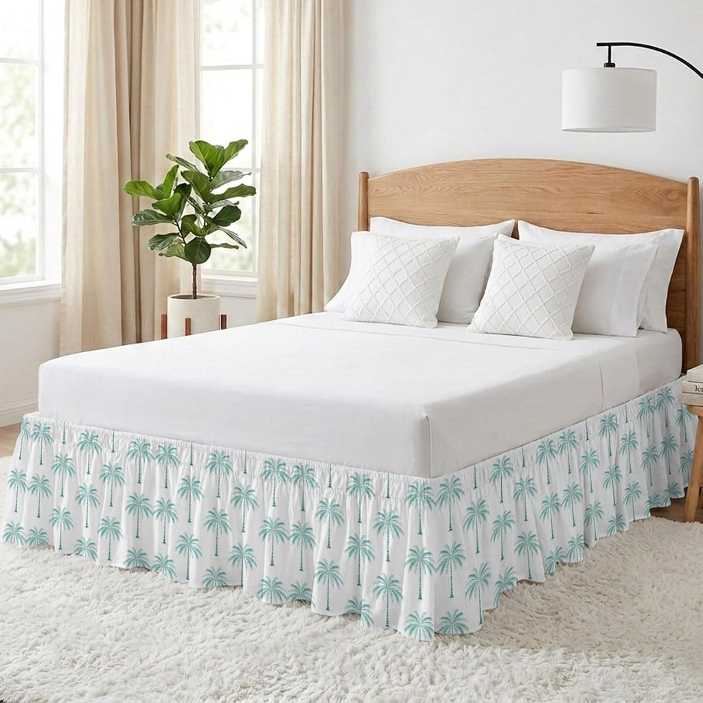 Teal Geeen Palm Trees Bed Skirt King Size 16 Inch Drop, Adjustable & Elastic Wrap Around Bed Skirts Pleated Luxury Dust Ruffles for Twin Full Queen Cal King Base Bed, Tropical Summer Beach Botanical