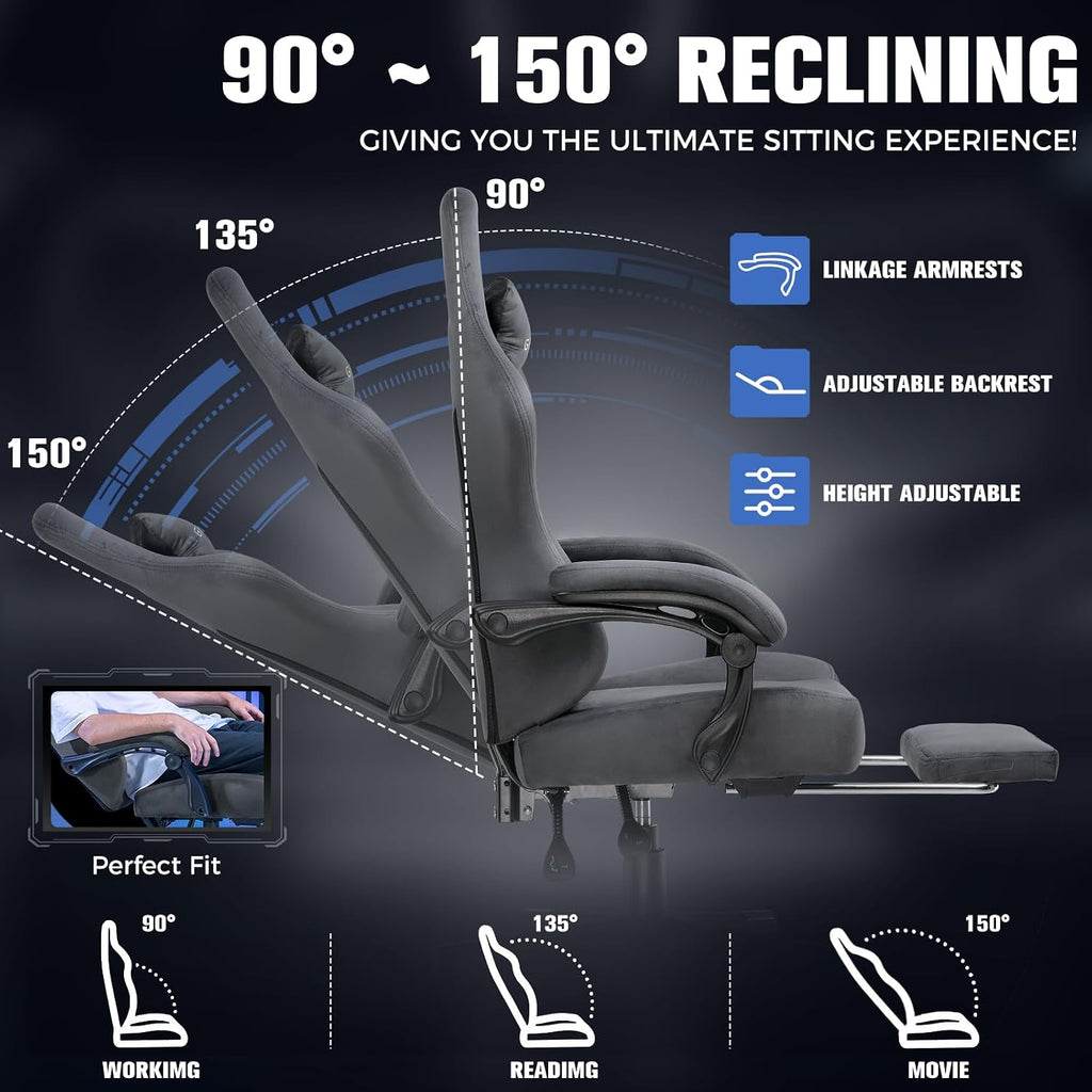 GTPLAYER Big and Tall Gaming Chair 400lbs Heavy Duty Office Chair with Foot Rest, High Back Pocket Spring Ergonomic Computer Chair for Adults, Wide Comfy Seated Cushion with Linkage Armrests, Grey