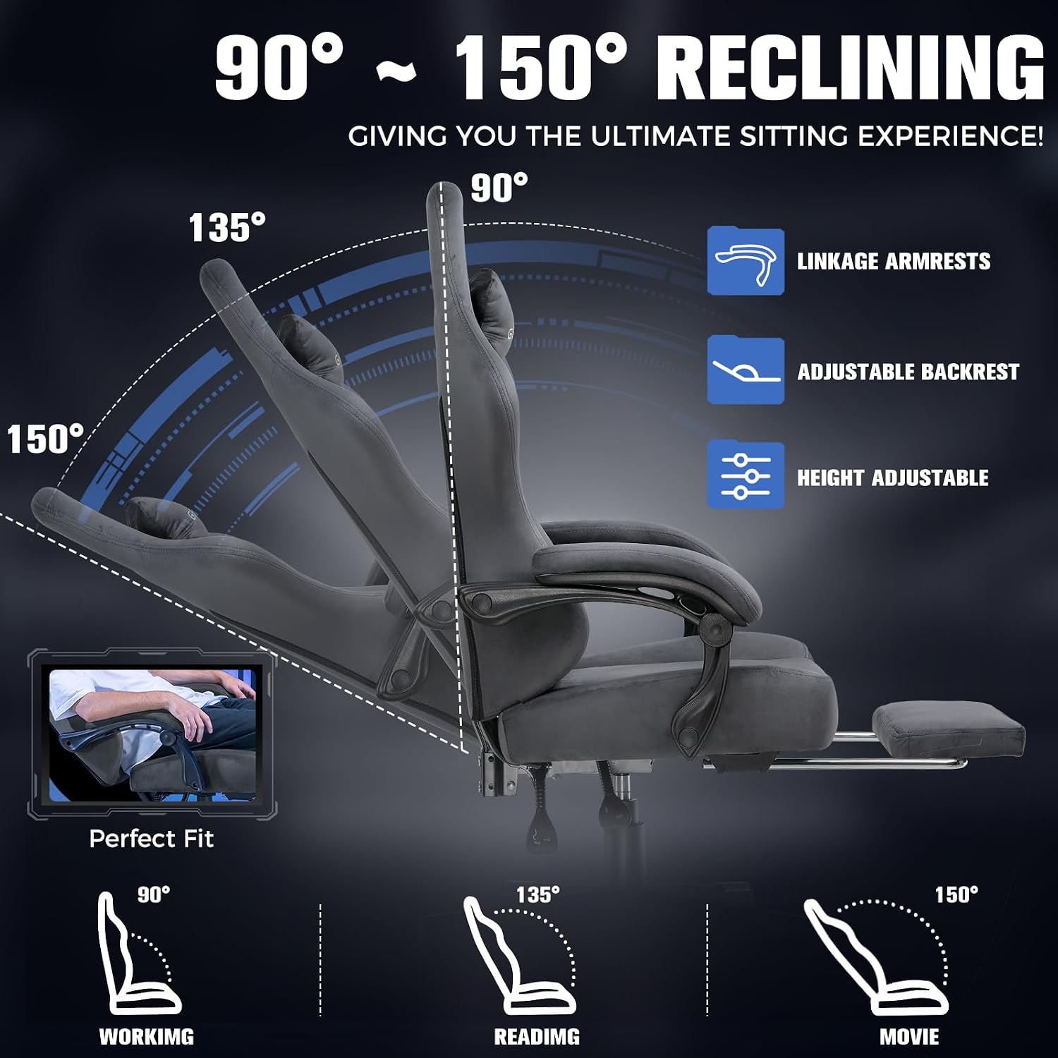 GTPLAYER Big and Tall Gaming Chair 400lbs Heavy Duty Office Chair with Foot Rest, High Back Pocket Spring Ergonomic Computer Chair for Adults, Wide Comfy Seated Cushion with Linkage Armrests, Grey