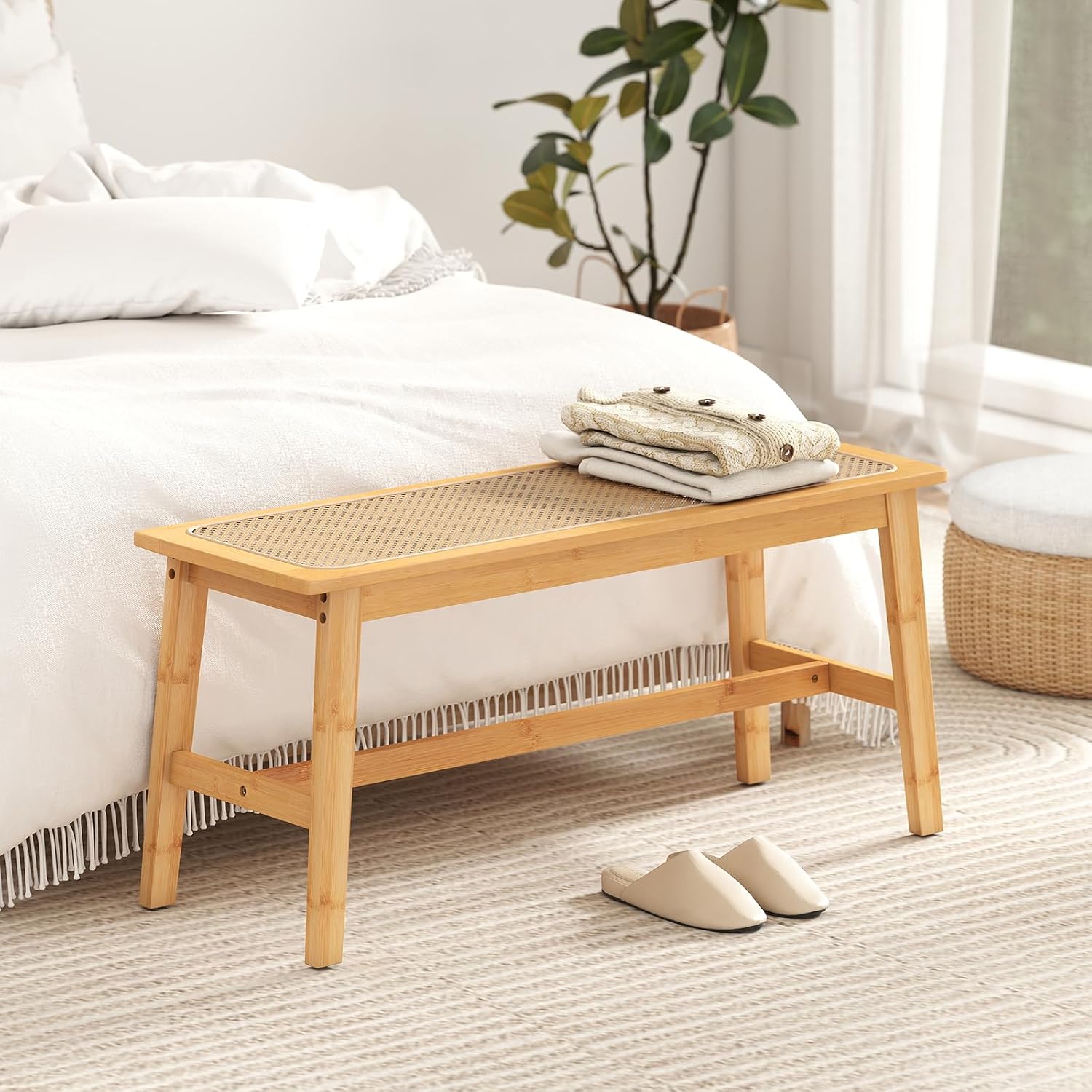GOFLAME 39.5” Bamboo Dining Bench with Rattan Seat, Farmhouse End of Bed Bench for Bedroom, Boho Accent Bench Seat for Entryway, Living Room, Dining Room, 660 LBS Load Capacity
