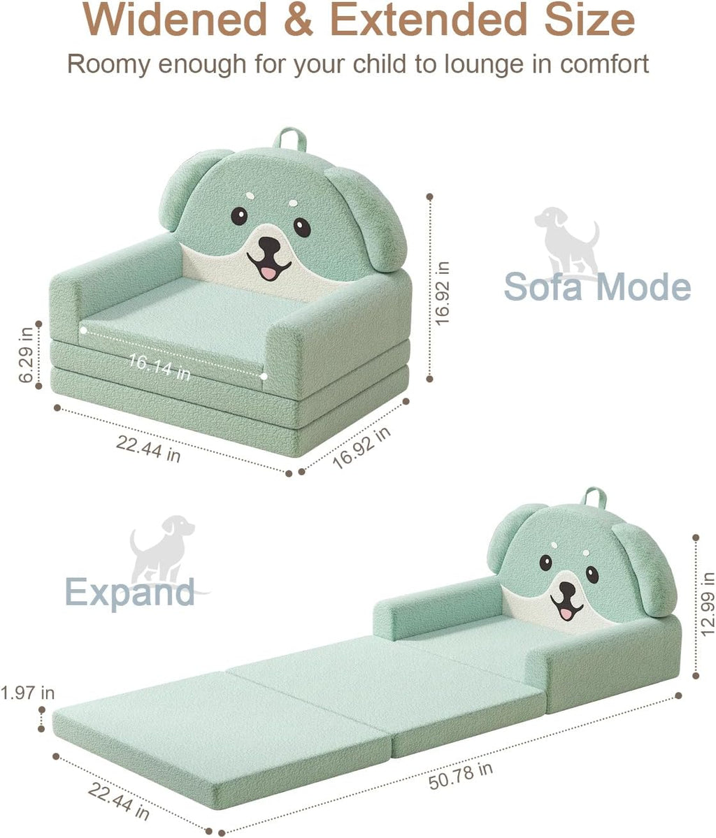 YACODAVO 2-in-1 Kids Couch, Soft Toddler Couch Fold Out for Girl and Boys, Dog Design Foldable Kids Sofa to Lounger, Convertible Kids Chairs Comfy, Gift for Birthday, Children's Day, Green
