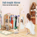 Kids Dress Up Storage with Mirror, Wooden Kids Dress Up Rack for Little Girls and Boys, Kid Wardrobe Closet with Storage Shelf