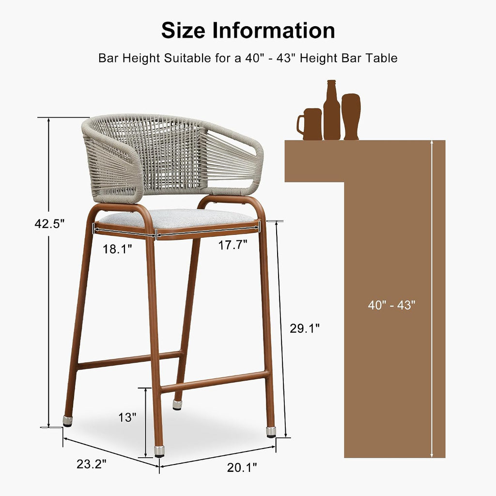 PURPLE LEAF Outdoor 30 Inch Rattan Bar Height Stools Set of 2 Modern Patio Metal Wicker Barstools Aluminum Woven Bar Chairs with Wraparound Armrest Back for Kitchen Garden Indoor Teak