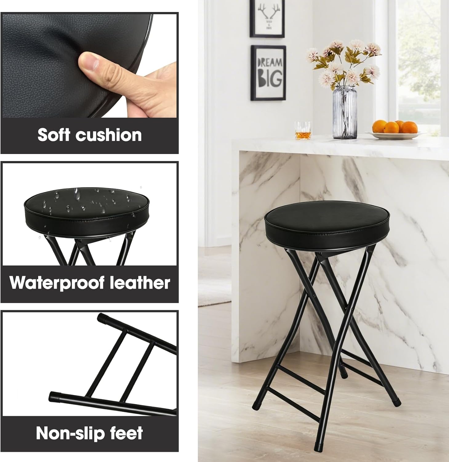 Gluck Plants Folding Stool,24 Inch Foldable Portable Collapsible Height Bar Stool Chair,Adult Tall Leather Padded Chair for Kitchen Living Room Garden Camping Fishing