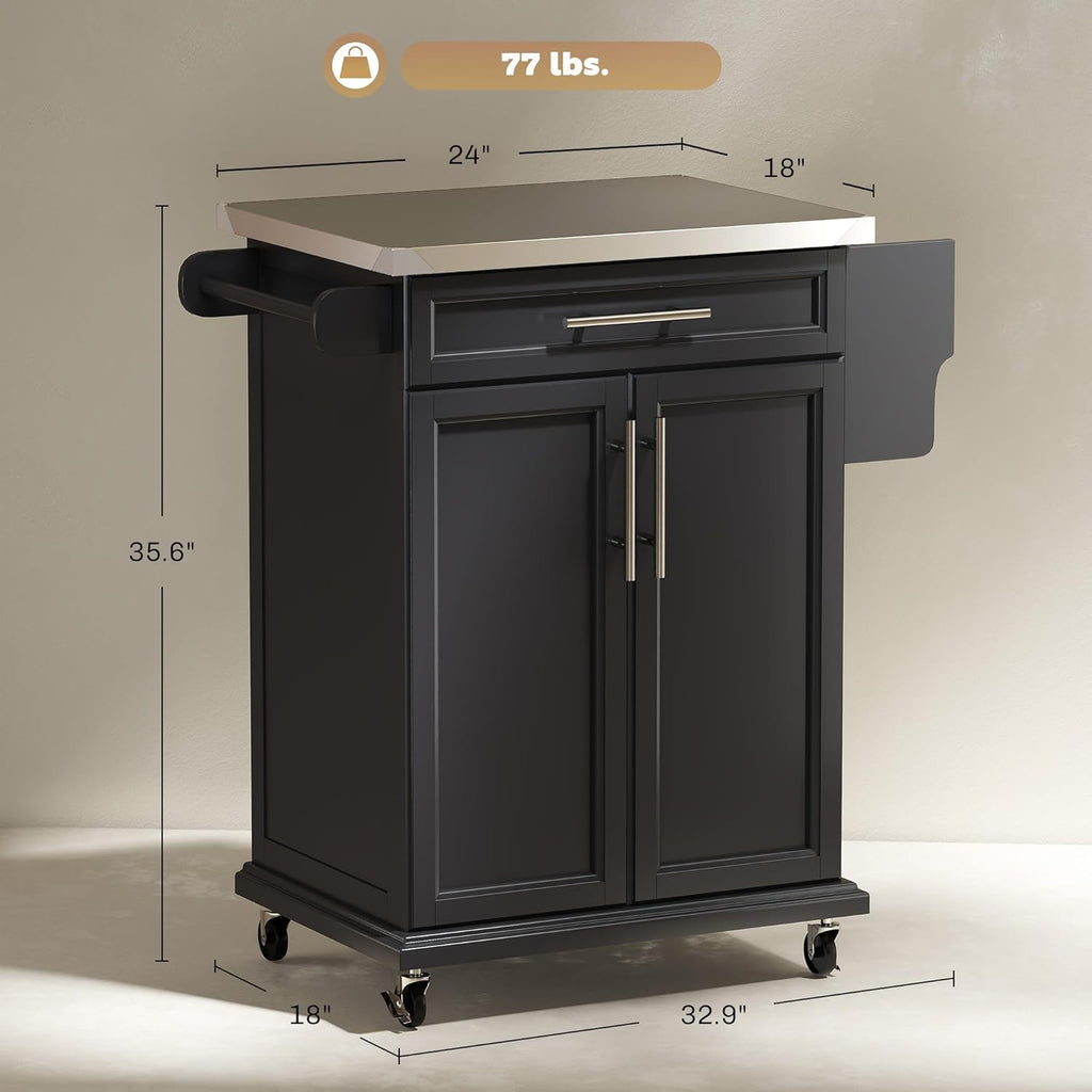 HOMCOM Kitchen Island on Wheels, Rolling Kitchen Cart with Stainless Steel Countertop, Drawer, Towel Rack and Spice Rack, Utility Storage Trolley, Black