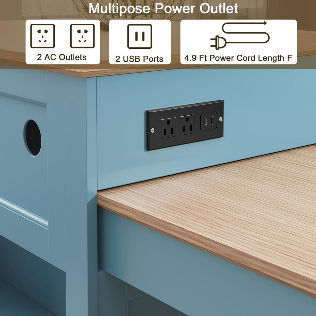 HLR 72" Kitchen Island with Extendable Table for 2-4, Island Table for Kitchen with Power Outlet and Storage Slide Out Legs, Rolling Islands Cart with 2 Doors (Blue)