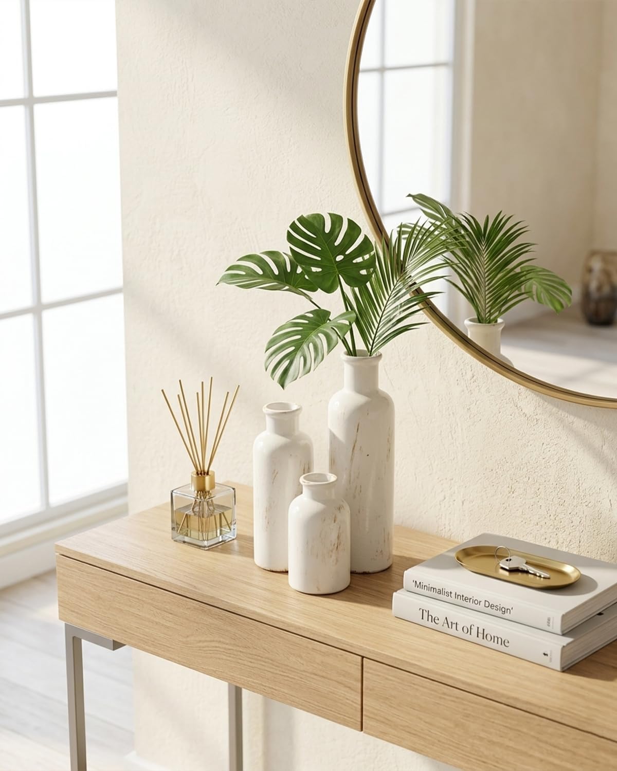 White Ceramic 3 Piece Vase Set, Vintage Farmhouse Decorative Home Decor Vases for Living Room & Kitchen, Distressed Crackle Glaze Flower Vases for Table Bookshelf Mantel & Office