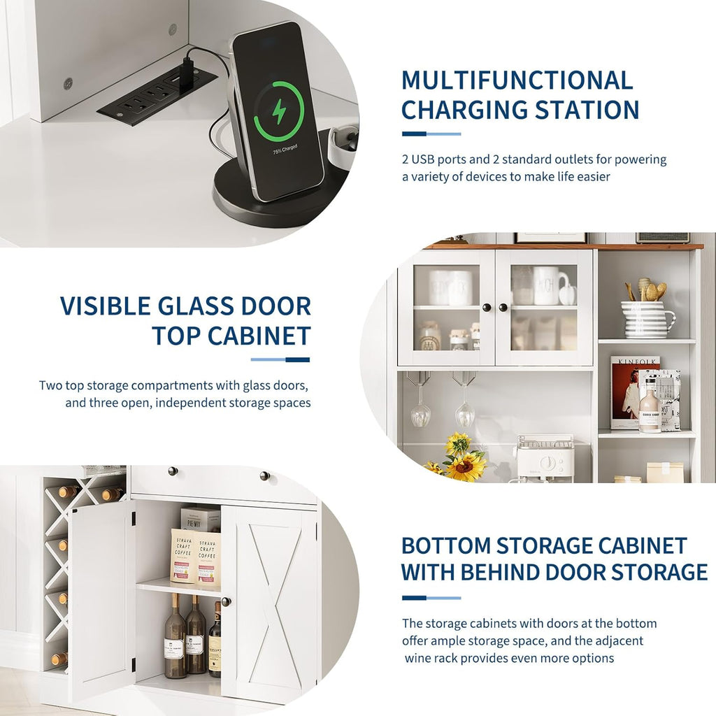 Takywep Contemporary Upright Storage Cabinet with Wine Bottle Rack | Built-in Outlet & Spacious Shelves – Multi-Functional Sideboard Credenza for Dining Area, Living Room, or Home Bar Setup