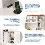 71" Kitchen Pantry Cabinet with Wine Bottle Rack and Charging Station Tall Pantry Storage Cabinet with Adjustable Shelves and Door Shelves Modern Kitchen Hutch with Microwave Stand and Countertop